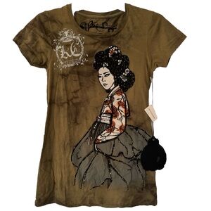 Key Closet Geisha Women’s Army Green Crystal Studded Cotton T Shirt Size Small